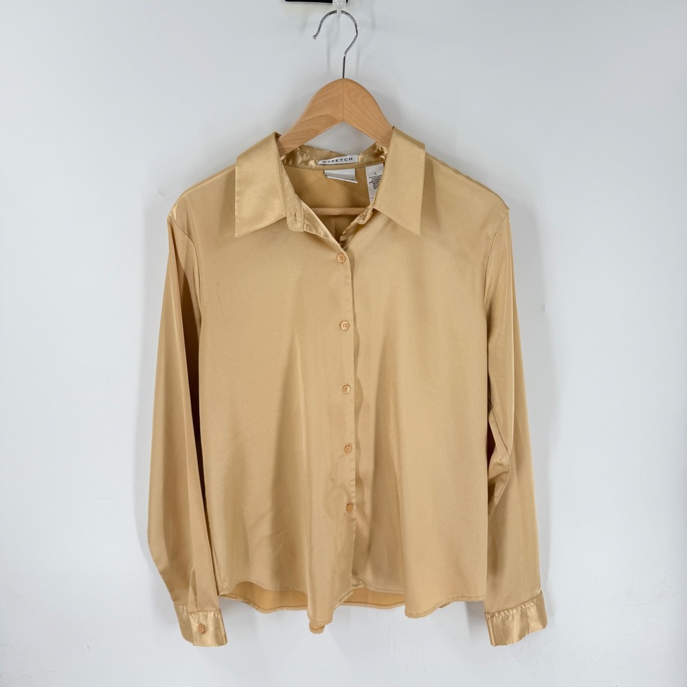 Vintage Satin Gold Villager Button Down Blouse Large Stretch Chic Versatile